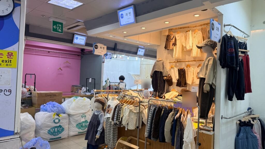 Narrow aisle inside Namdaemun children's clothing market