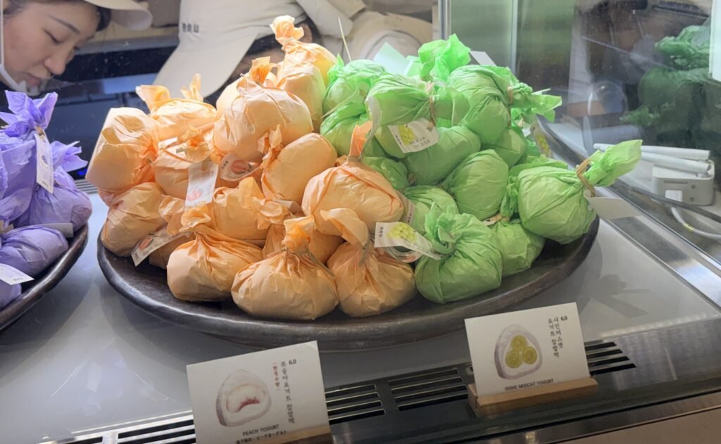 Fruit and yogurt mochi displayed at Hanjeongseon