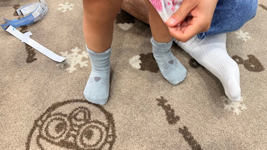 Toddler wearing socks at Pororo Theme Park Dasan