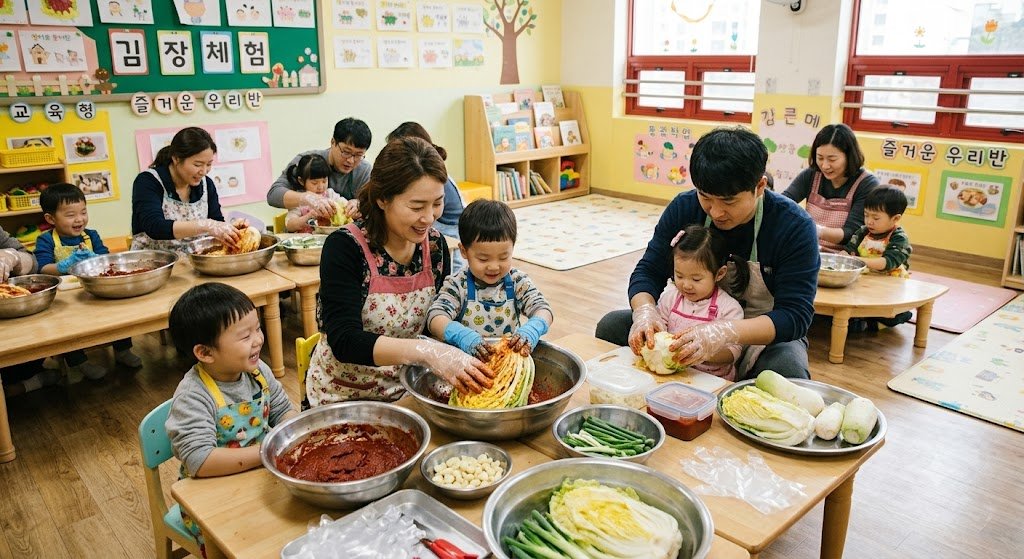 Parents and toddlers taking part in a kimjang activity at a Korean daycare