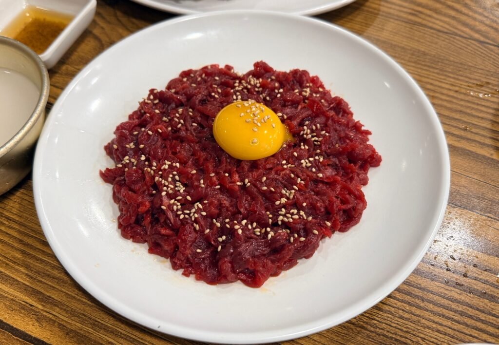 Yukhoe Korean beef tartare at Parkgane Bindaetteok