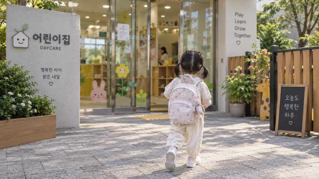 Children at a Korean daycare center enjoying various indoor and outdoor activities